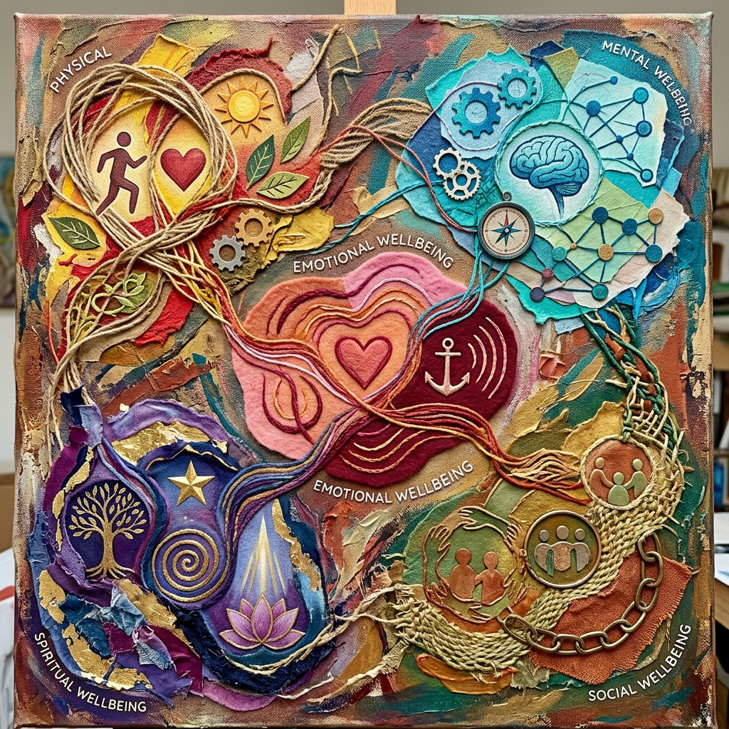Artistic collage illustrating physical, mental, emotional, spiritual, and social wellbeing connected by strings and symbols.